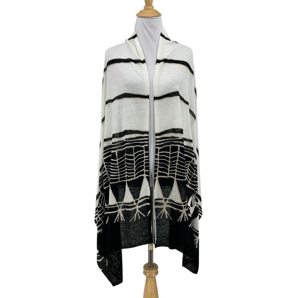 Nic & Zoe Shrug Womens OS One Size White Black Linen Blend Geometric Wrap